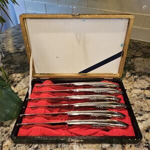 Vintage Japanese Stainless Steel Steak Knives With Hyacinths Set Of 6 In Box
